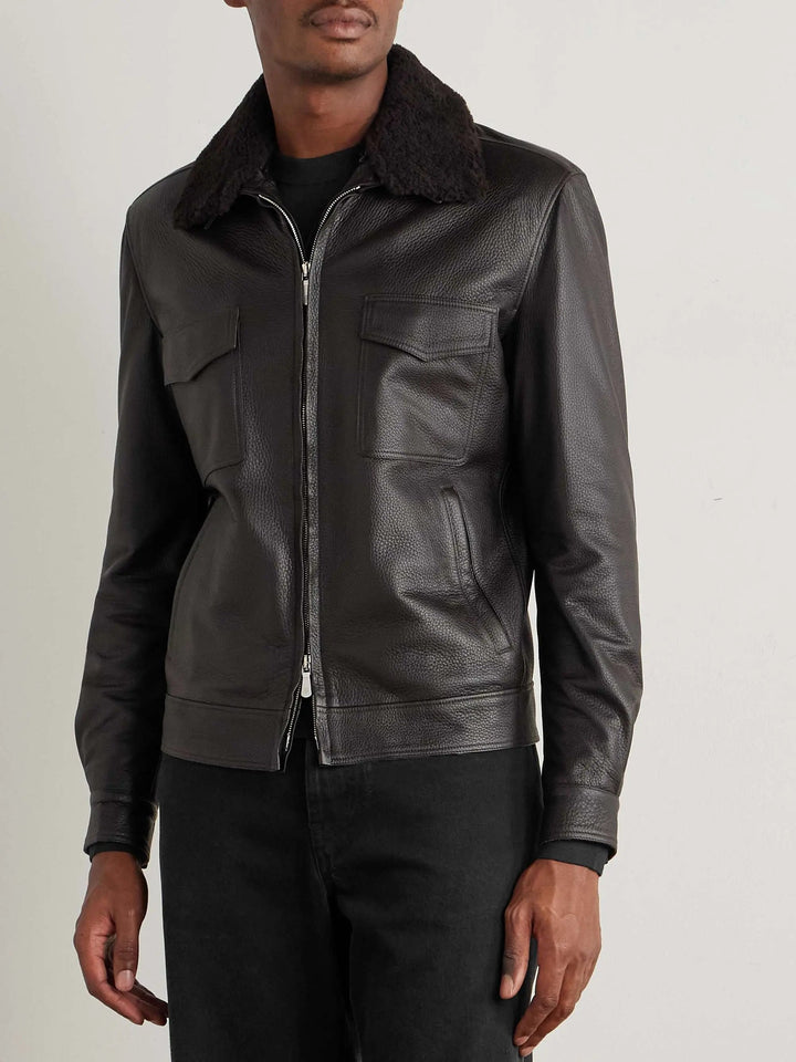 Shearling-Trimmed Leather Bomber Jacket