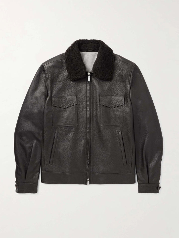 Shearling-Trimmed Leather Bomber Jacket