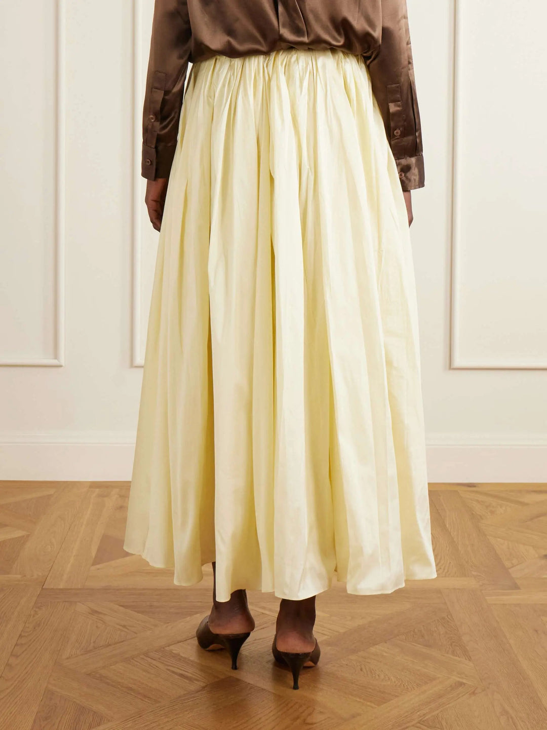 Pleated duchesse-satin midi skirt