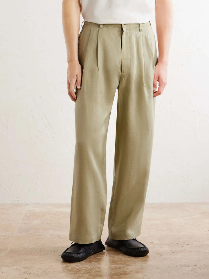 Wide-Leg Pleated Linen Trousers