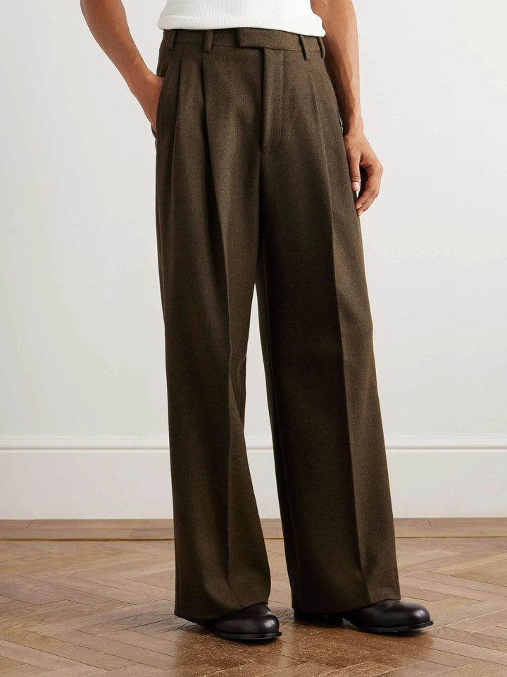 Pleated Wool Blend Wide-Leg Trousers
