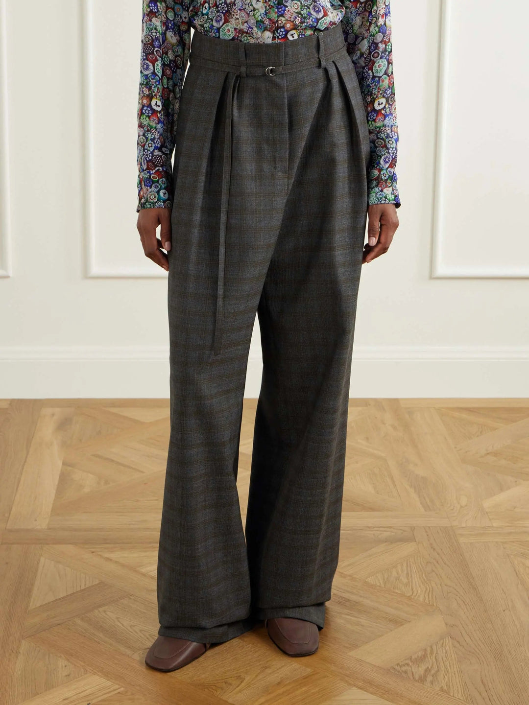 checked wool wide-leg pants