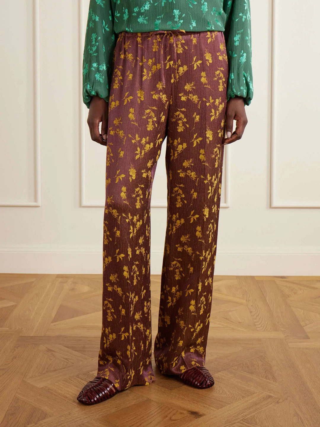 Floral-jacquard satin wide-leg pants