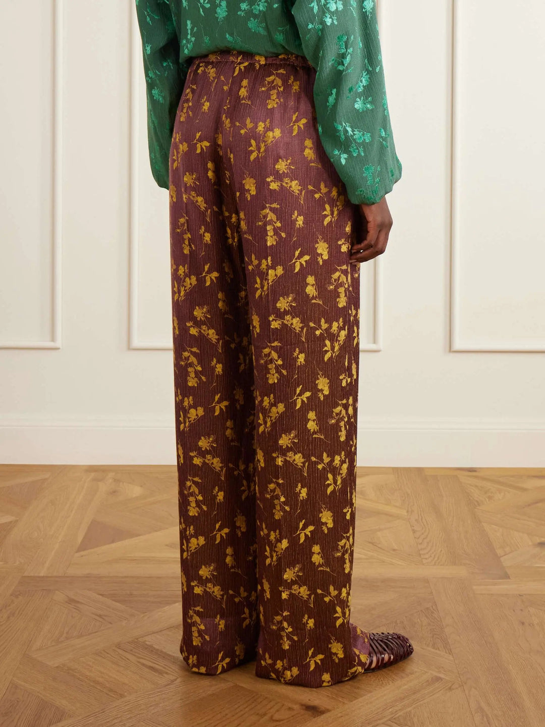 Floral-jacquard satin wide-leg pants