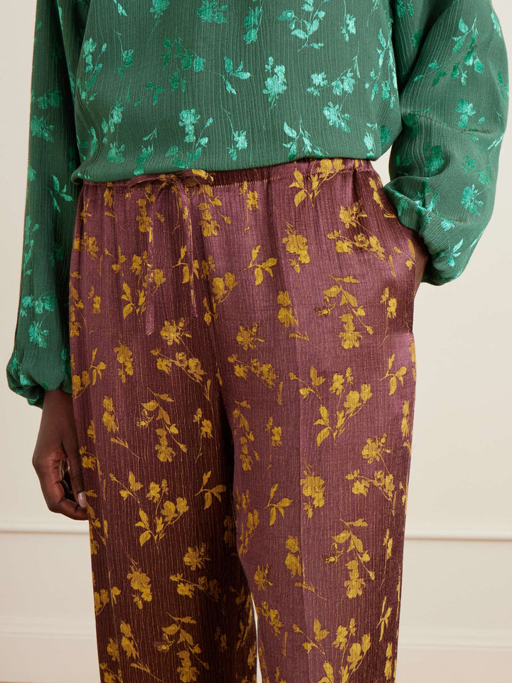 Floral-jacquard satin wide-leg pants