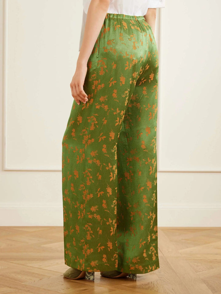 Floral-jacquard satin wide-leg pants