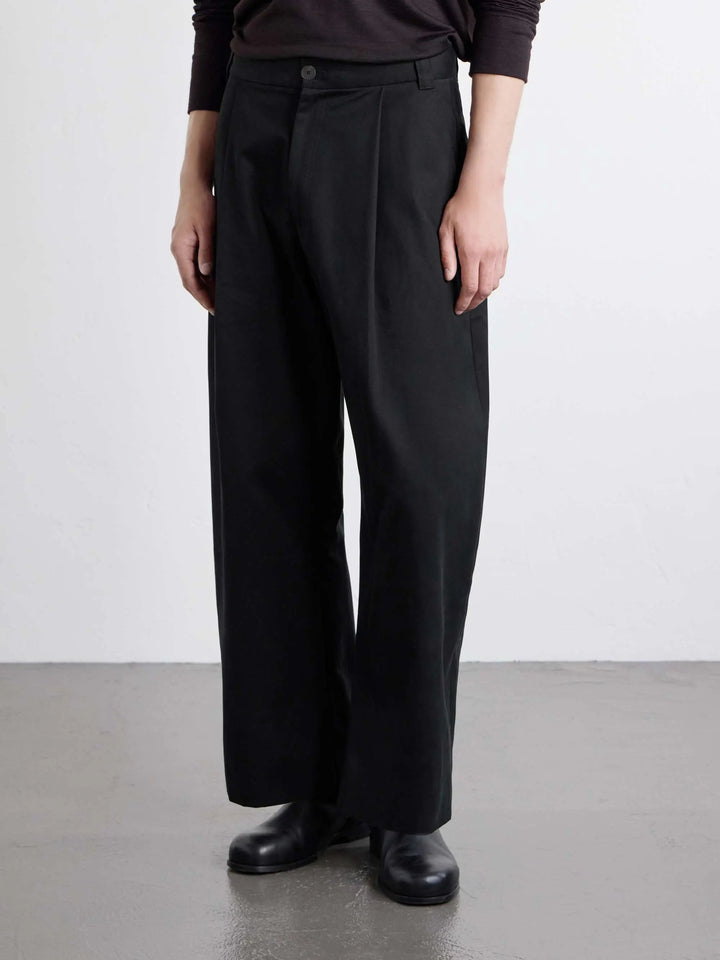 Wide-Leg Pleated Cotton-Twill Trousers