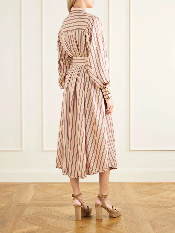 Belted striped satin midi dress