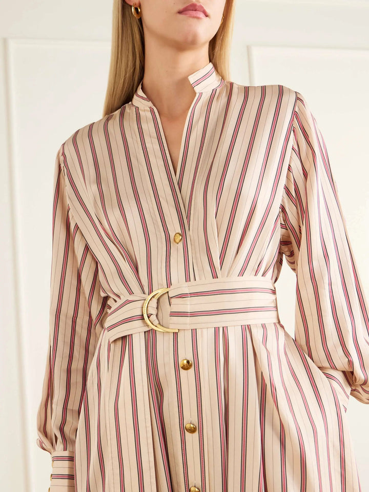 Belted striped satin midi dress