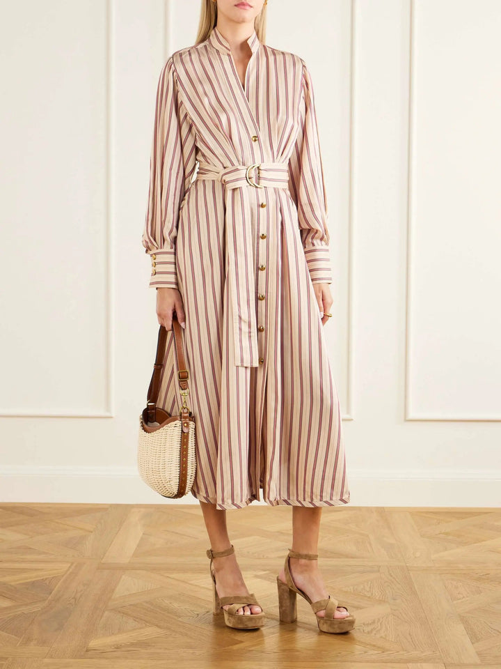Belted striped satin midi dress