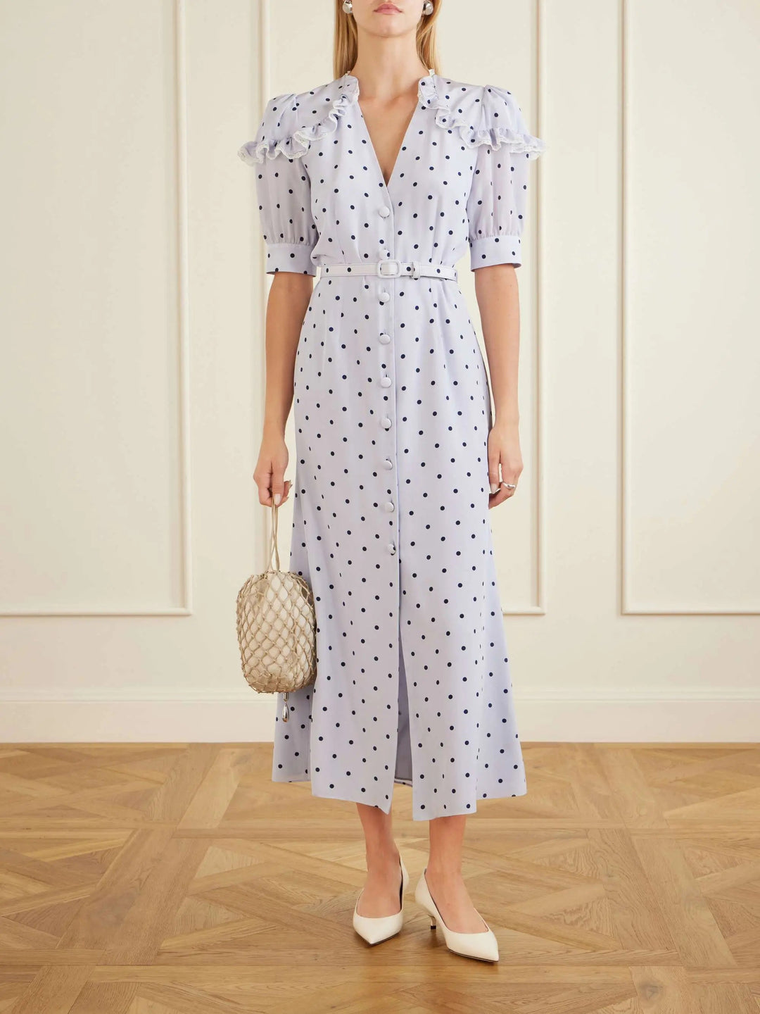 Belted polka-dot midi dress