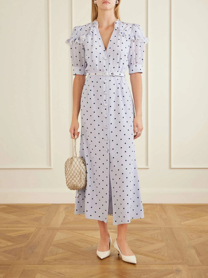 Belted polka-dot midi dress