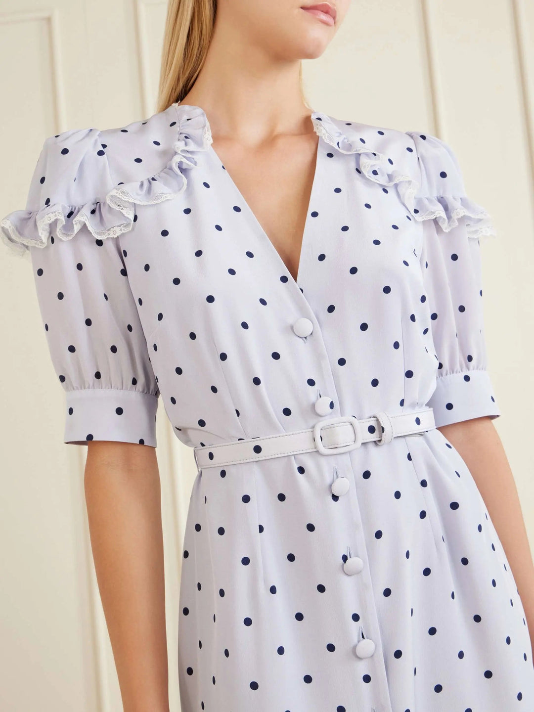 Belted polka-dot midi dress