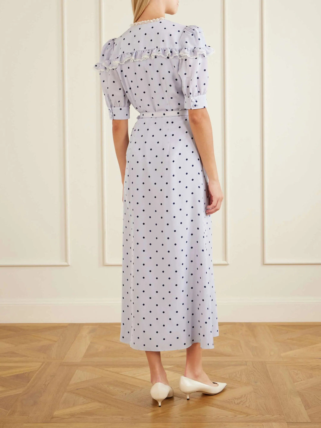 Belted polka-dot midi dress