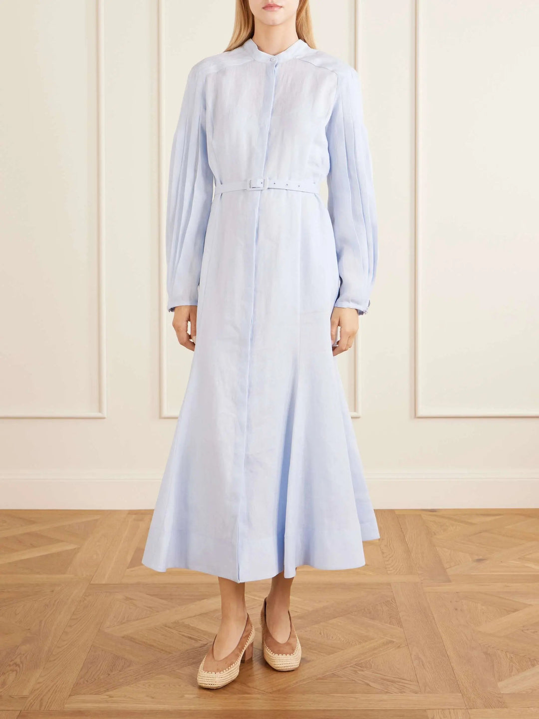 Belted linen midi dress ocean blue