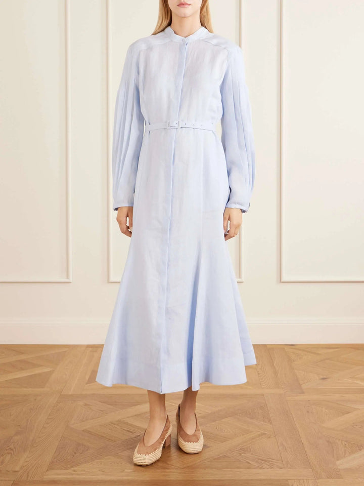 Belted linen midi dress ocean blue