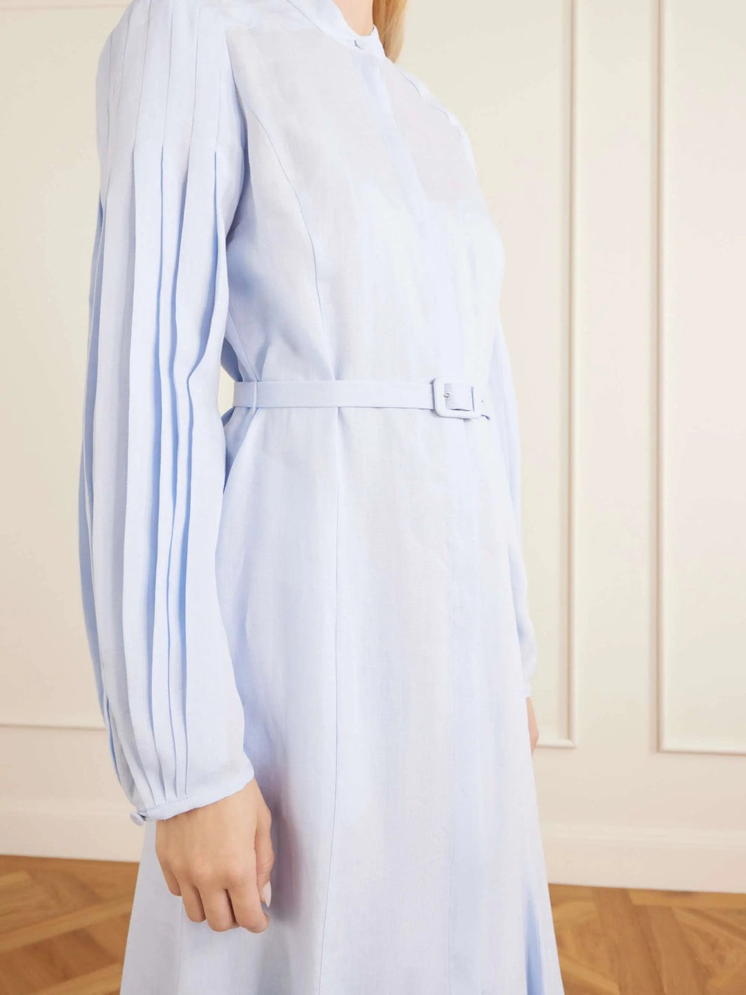 Belted linen midi dress ocean blue