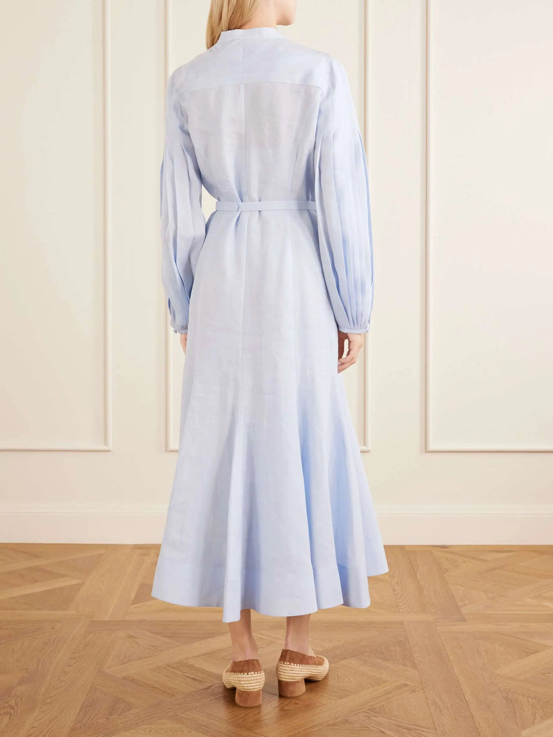 Belted linen midi dress ocean blue