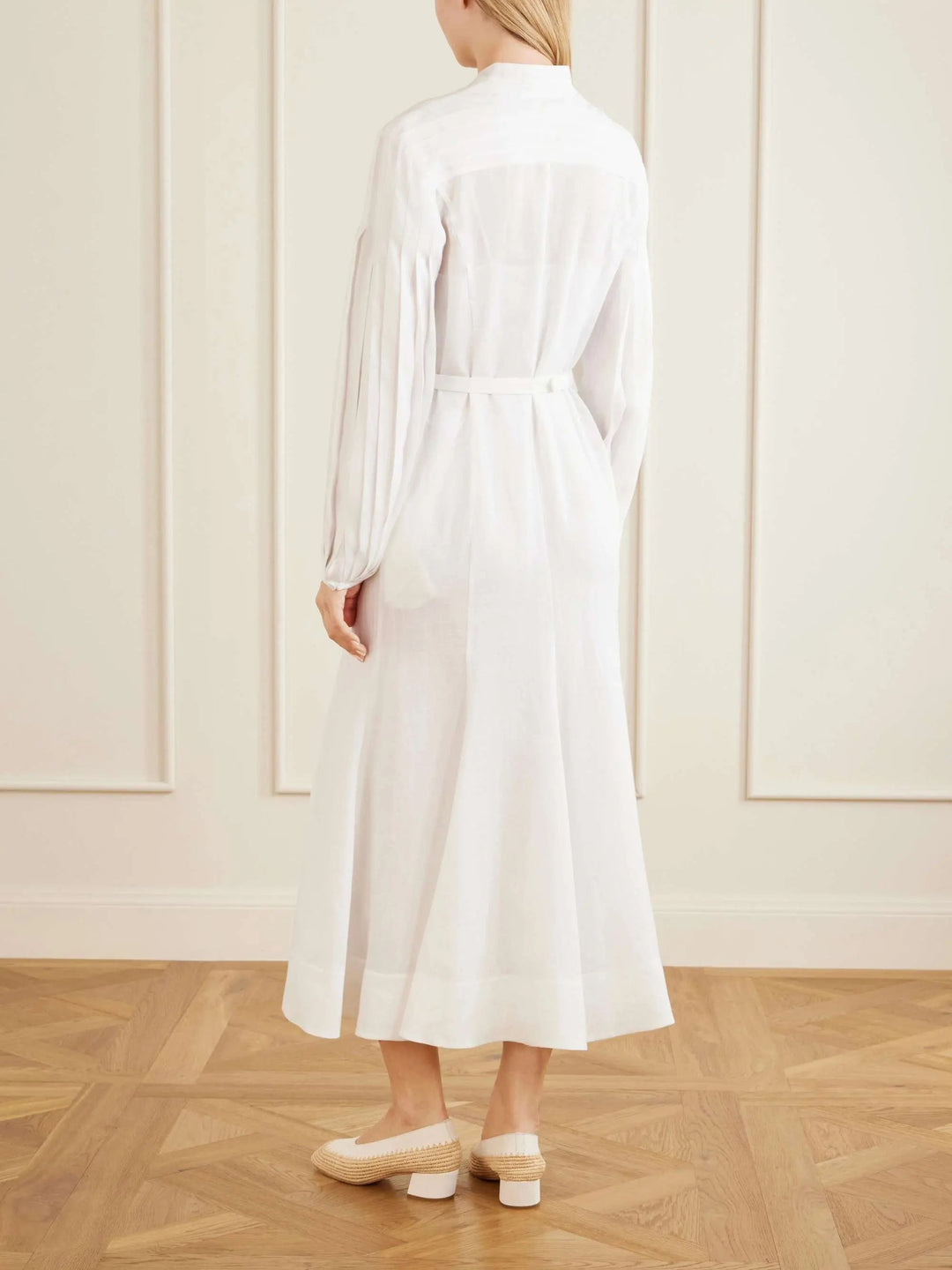 Belted linen midi dress white