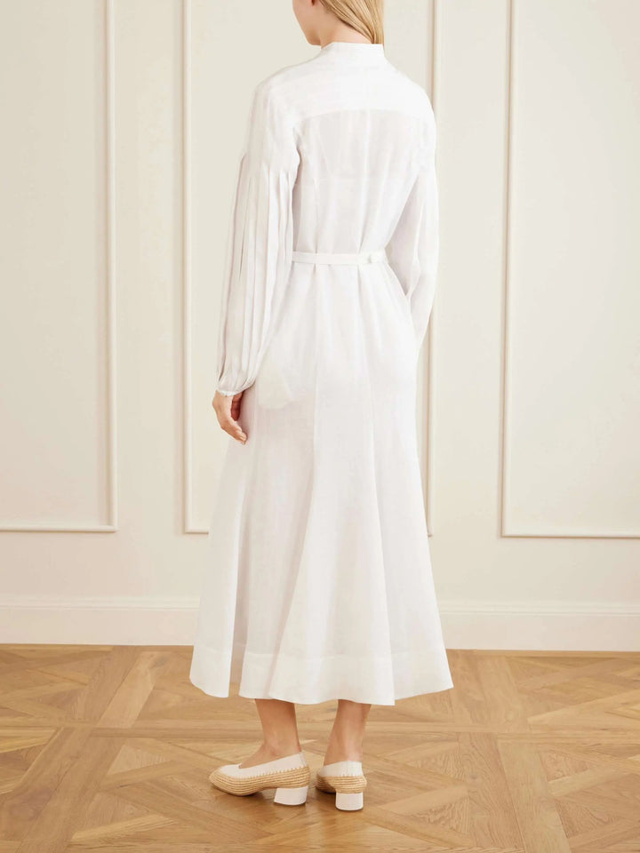 Belted linen midi dress white