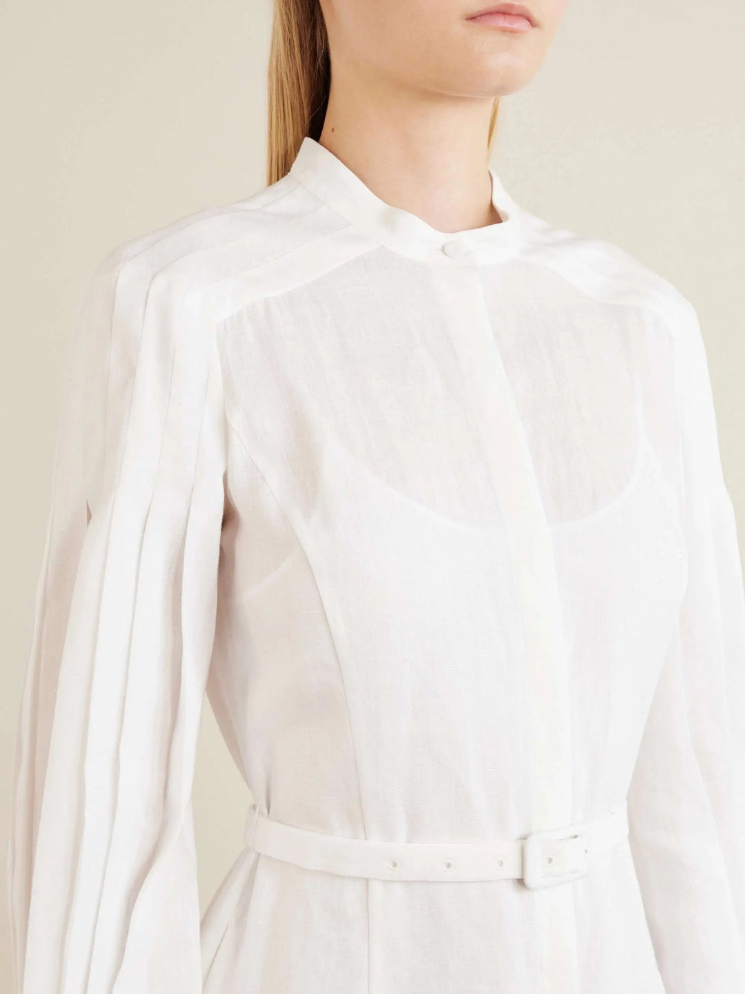 Belted linen midi dress white