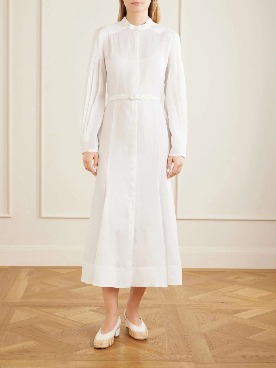 Belted linen midi dress white