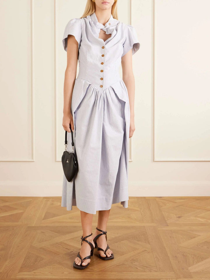 Pleated striped cotton midi dress