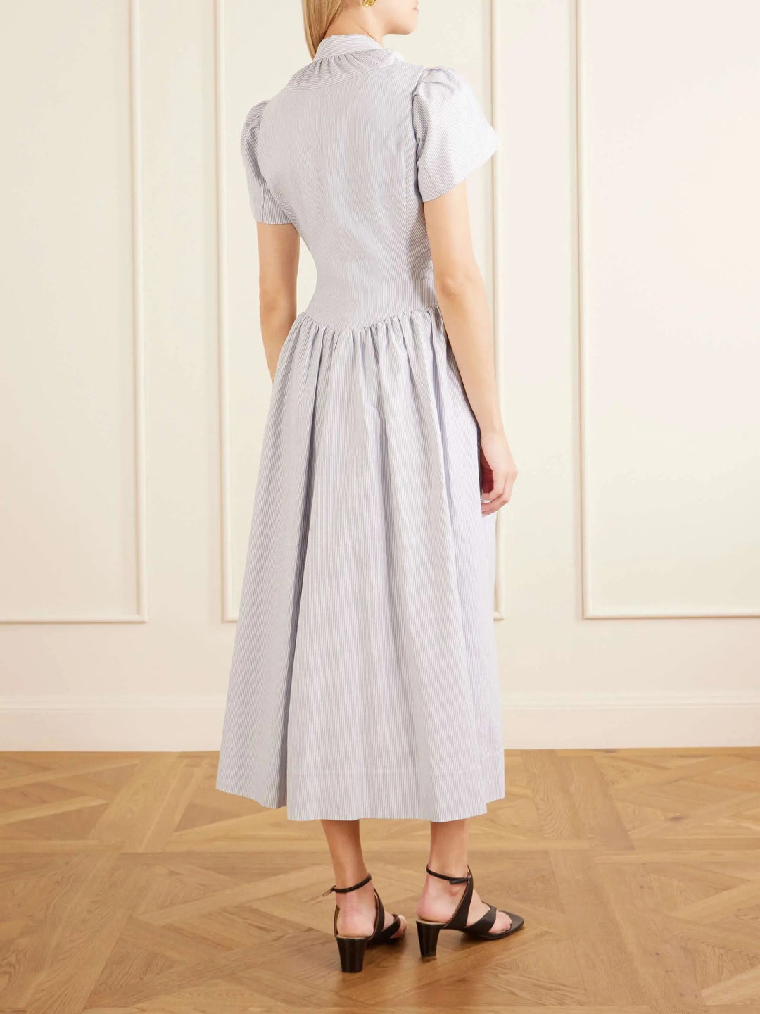 Pleated striped cotton midi dress
