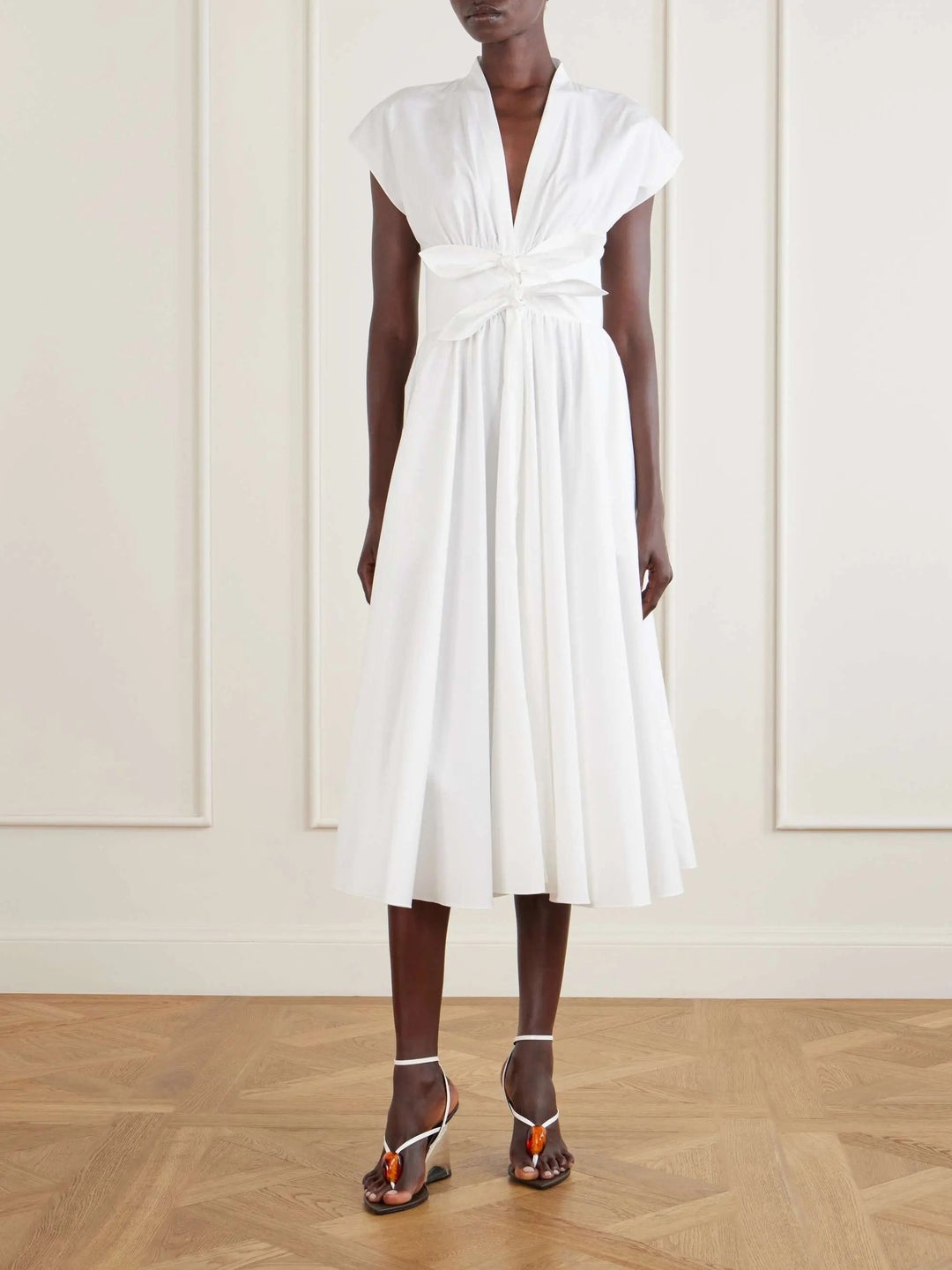 Knot-detailed belted cotton midi dress