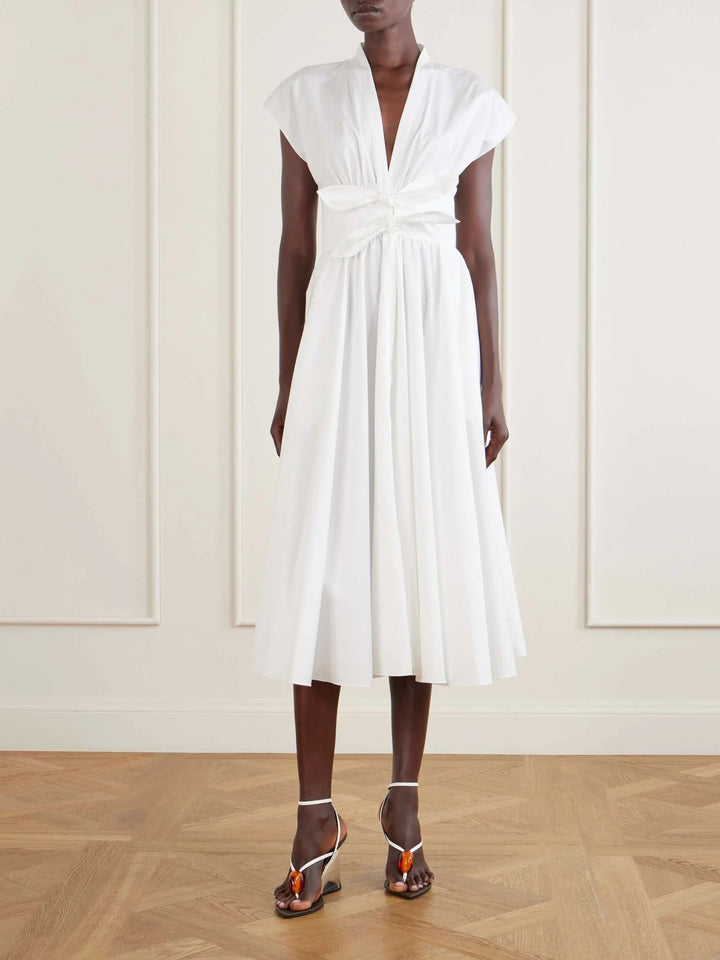 Knot-detailed belted cotton midi dress