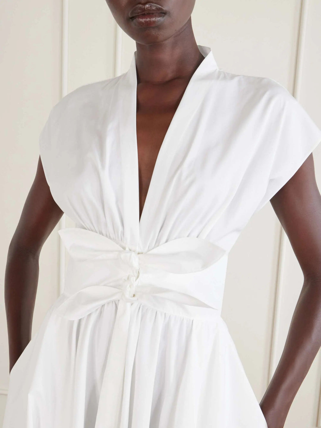 Knot-detailed belted cotton midi dress