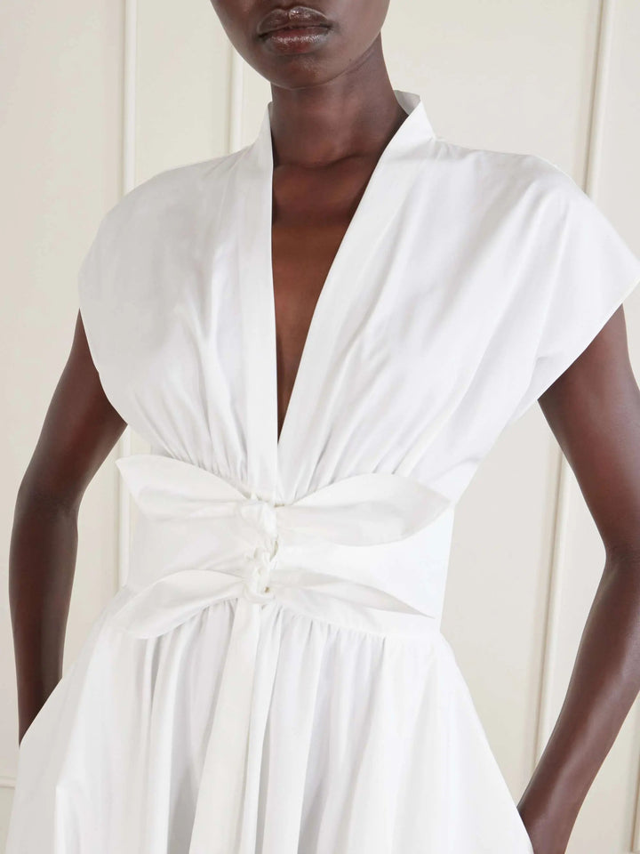 Knot-detailed belted cotton midi dress