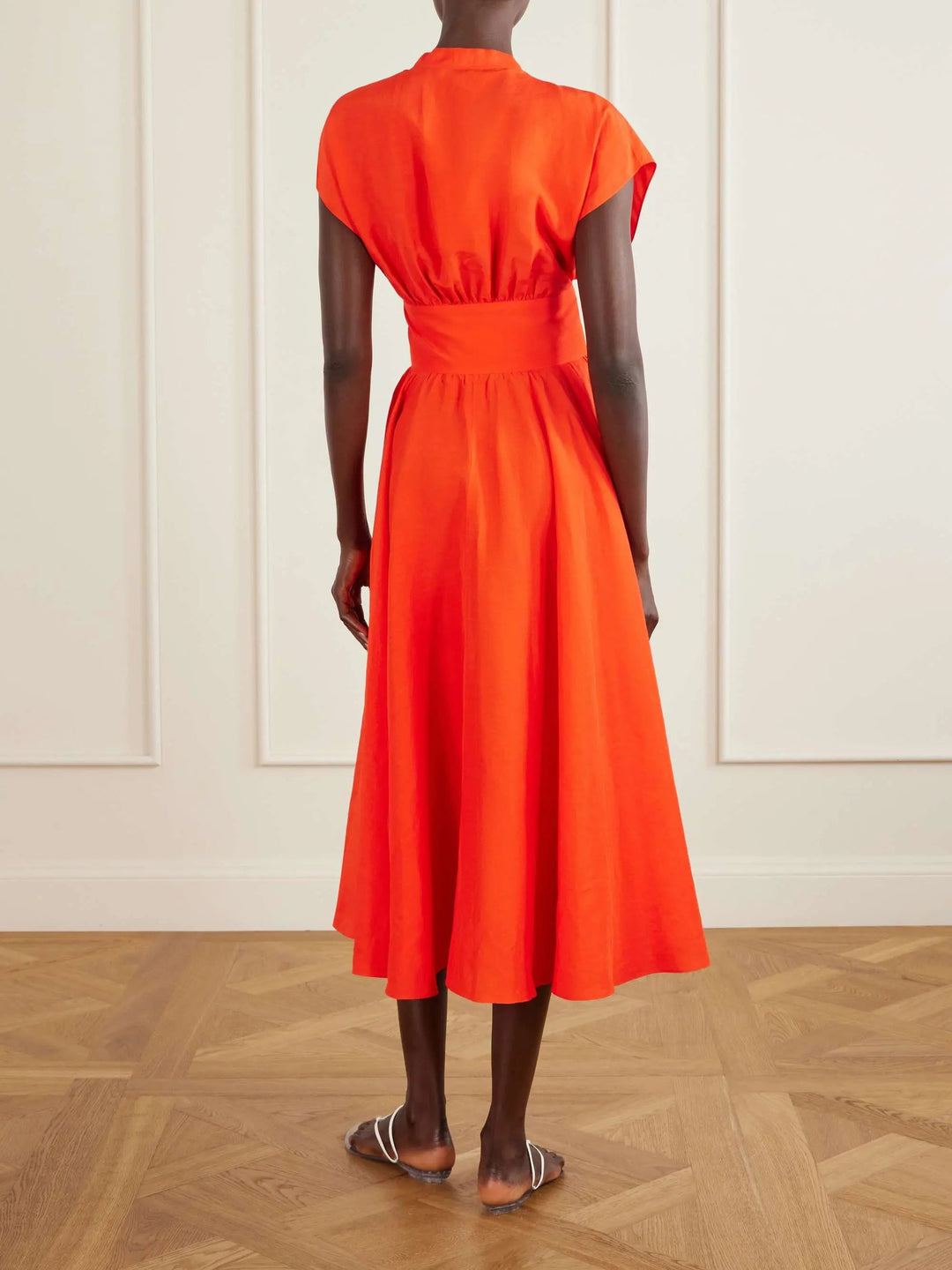 Knot-detailed belted cotton midi dress orange