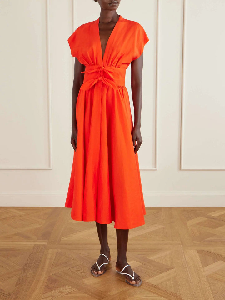 Knot-detailed belted cotton midi dress orange