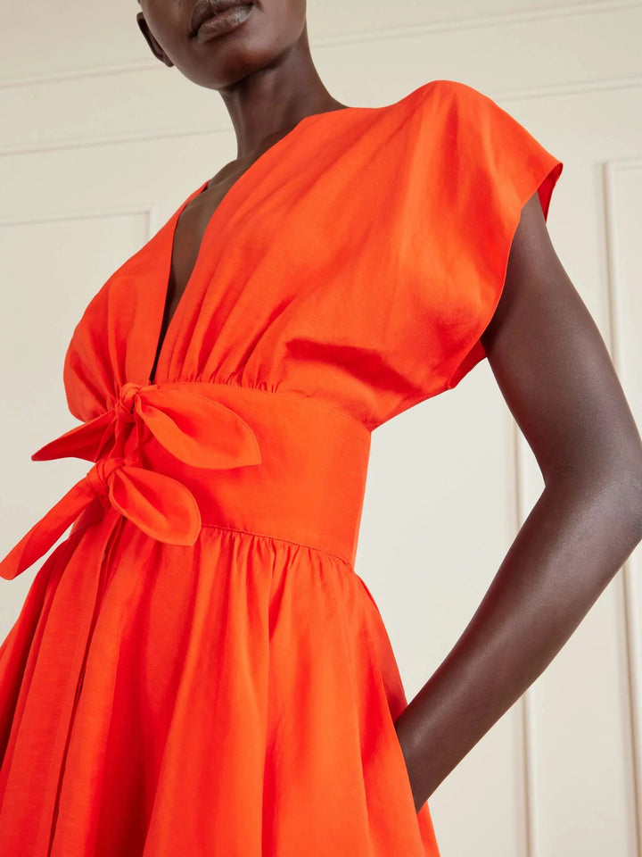 Knot-detailed belted cotton midi dress orange
