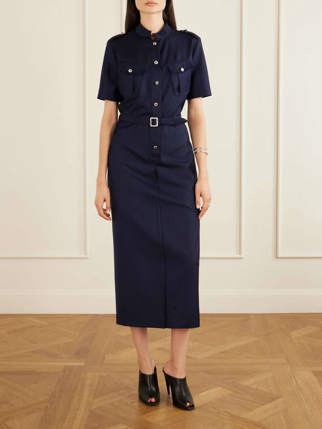 Belted pleated midi dress