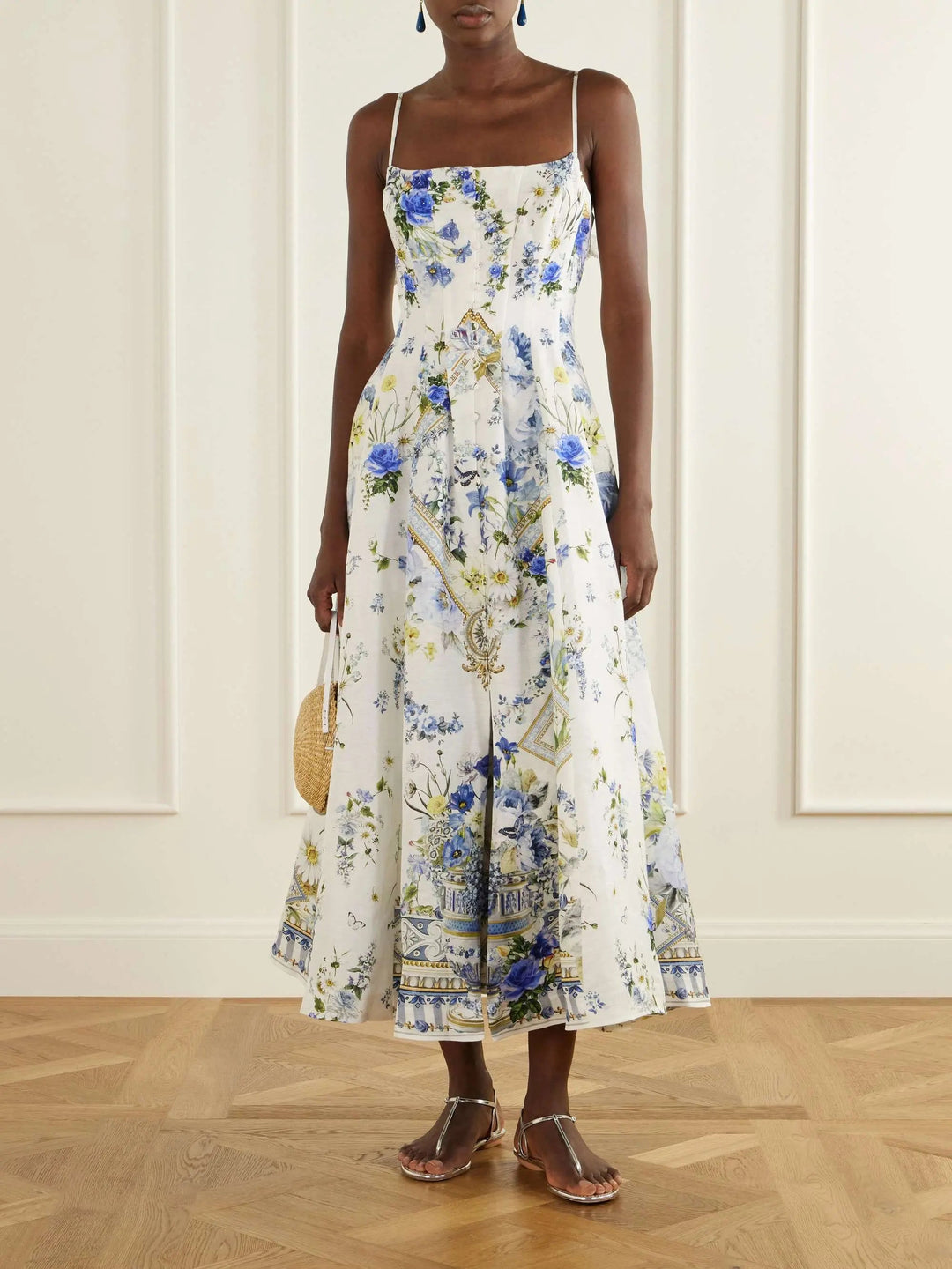 Floral-print linen and silk-blend midi dress