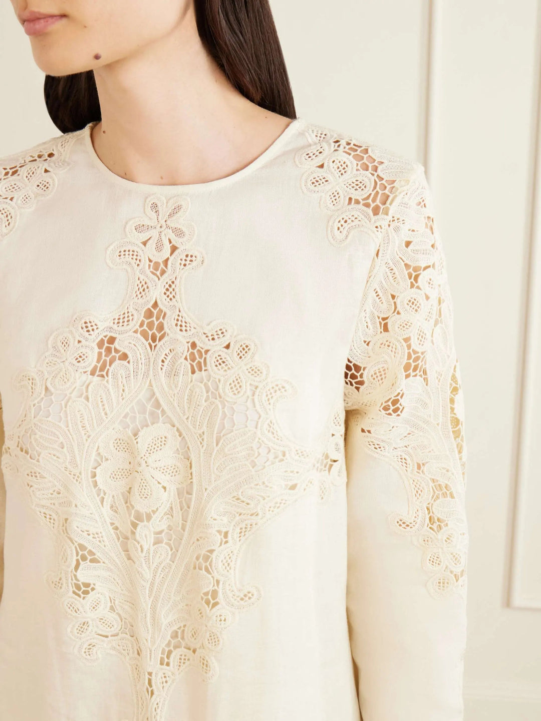 Flower-trimmed linen mini dres