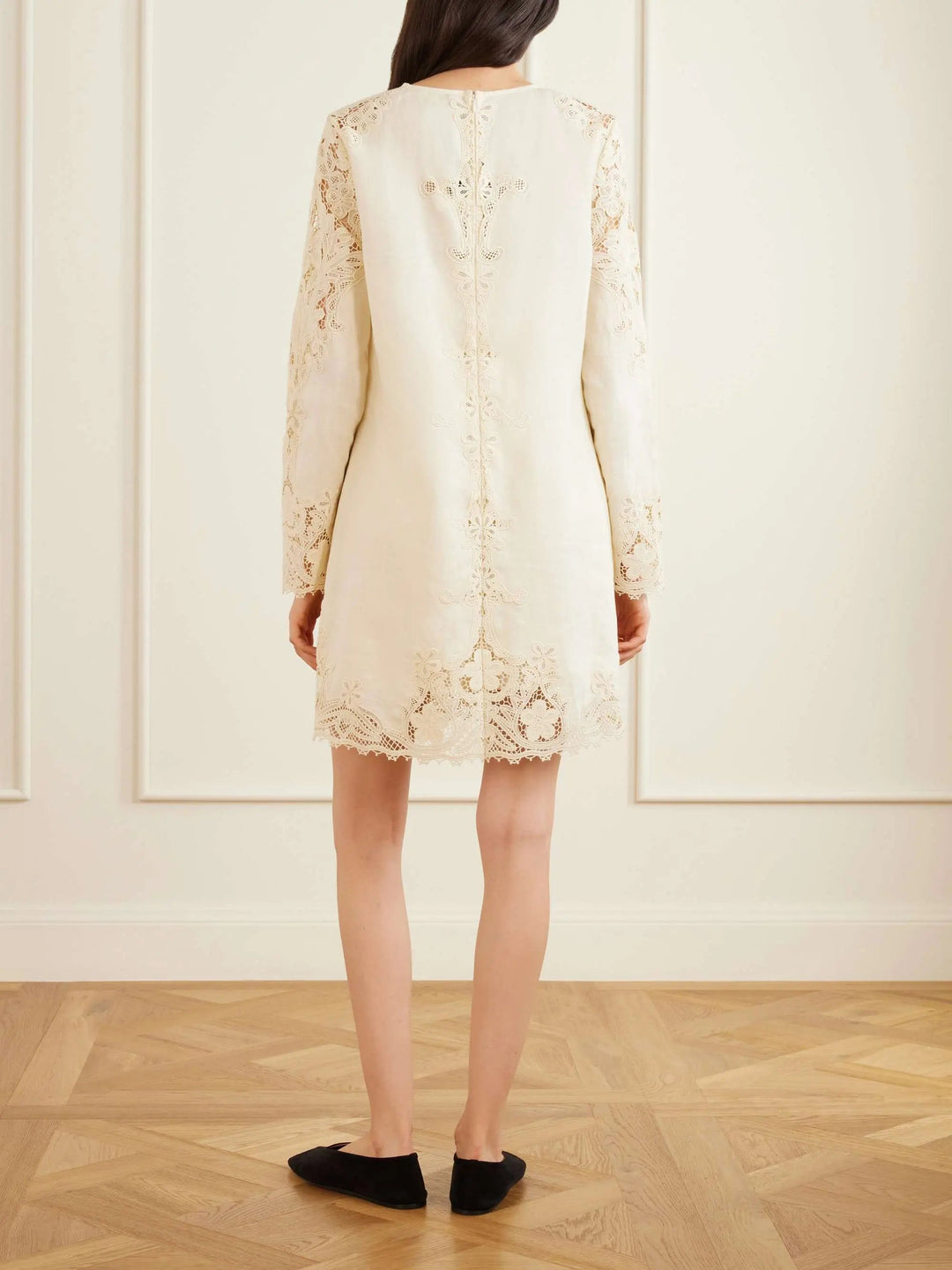 Flower-trimmed linen mini dres