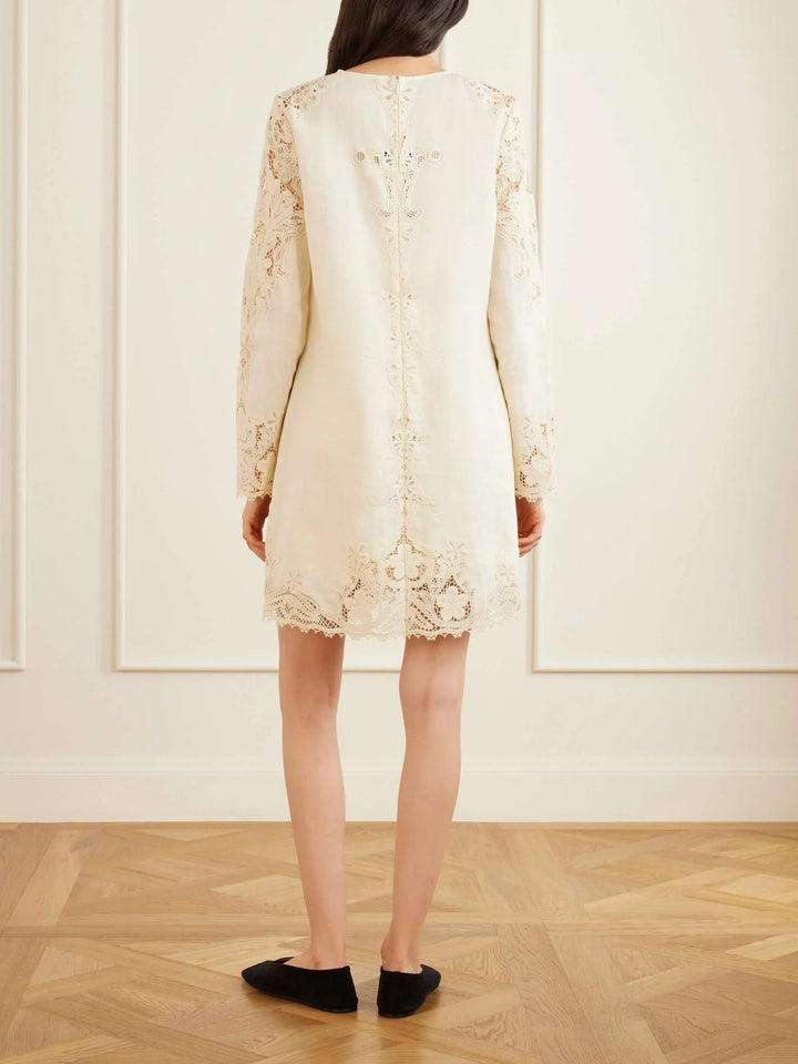 Flower-trimmed linen mini dres